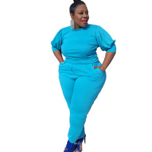 Wholesale Women plus size solid color short puffed sleeve Sports wear 2 pc women casual pant sets